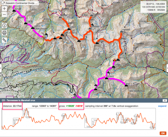 The Crux of the Sawatch Continental Divide ridge traverse (in red)