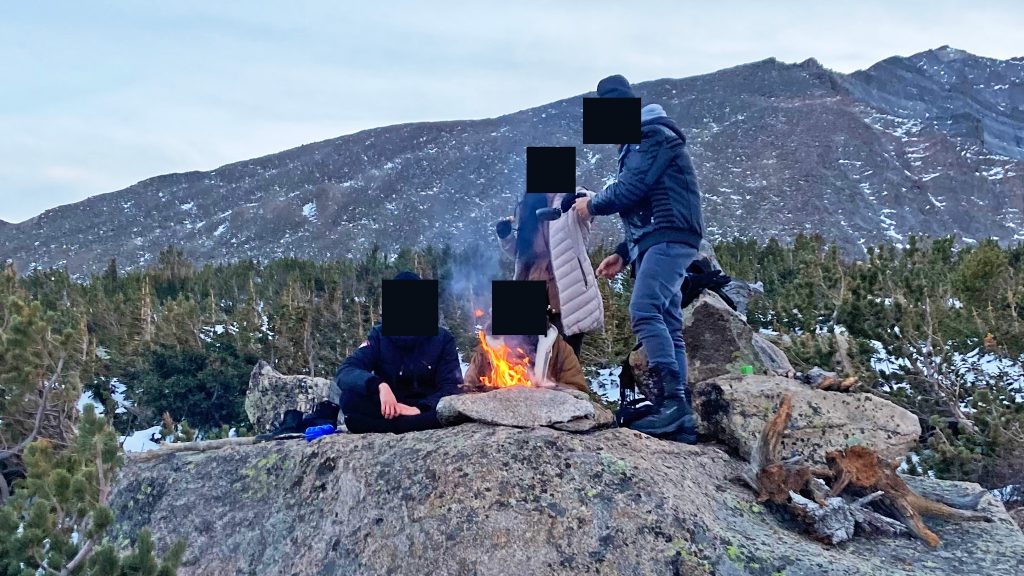 Illegal fire in RMNP - the party was digging up tundra as a fire starter and using several hundred to thousand year old branches of krummholz trees to fuel the fire. No fire pit - they just built the fire on top of, and at the edge of a large boulder. When I asked them as politely as I could to put the fire out, they didn't know quite how. They also had brought a iso-butane stove, but I guess opted against using it.