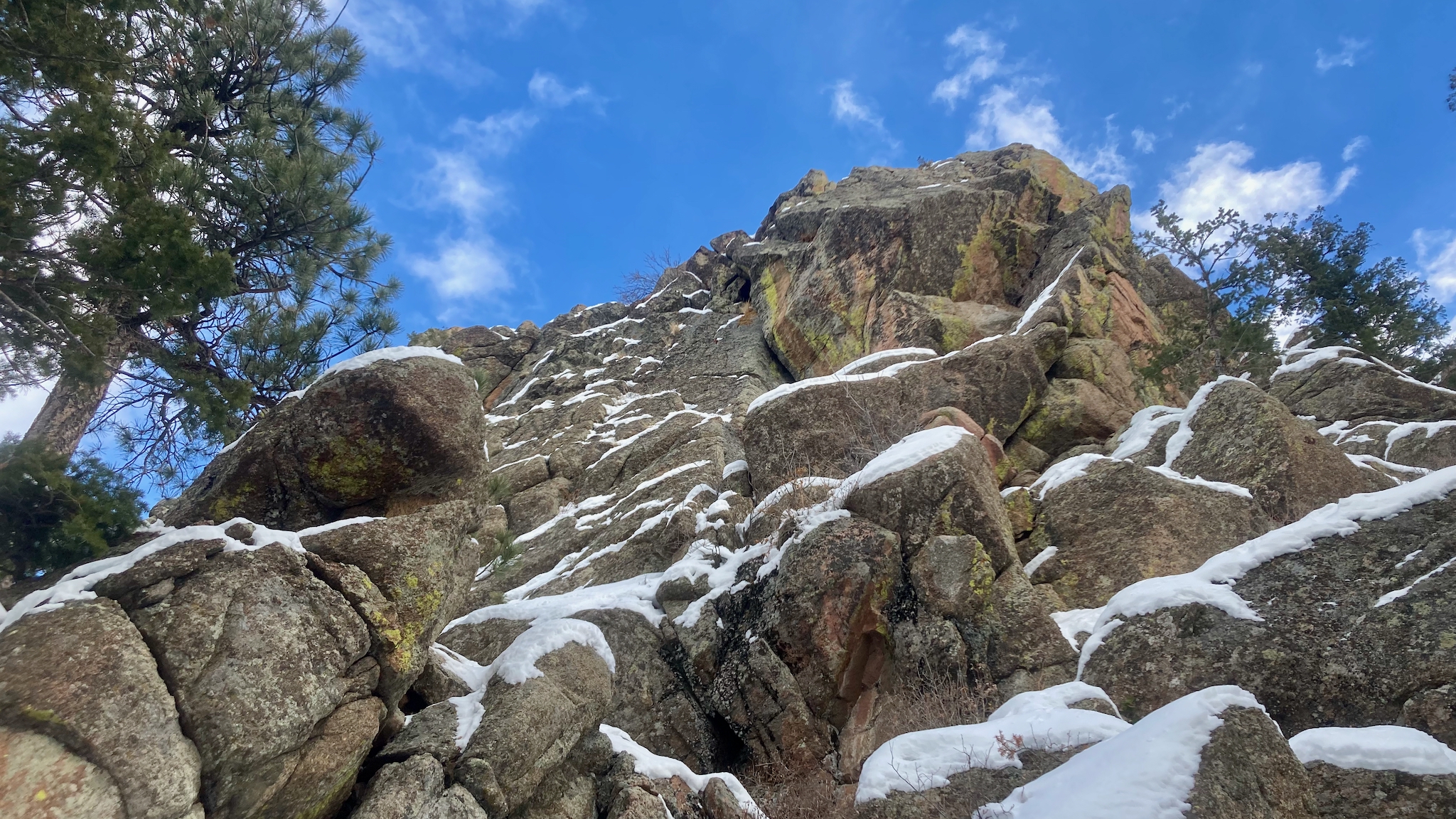 Snow shows the copious amounts of holds on one of the worst/obscure crags in OSMP (Saddle Rock North)