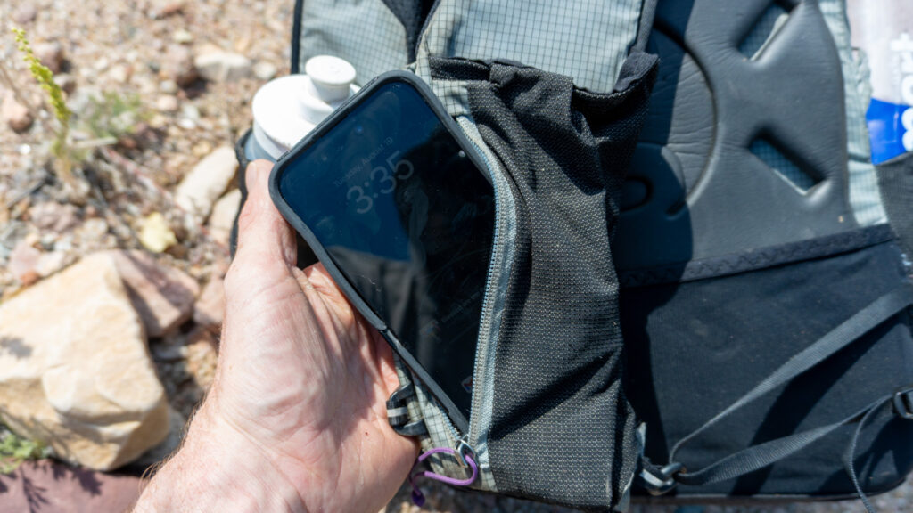 The left front zippered pocket is just too small for me to put my large iPhone in