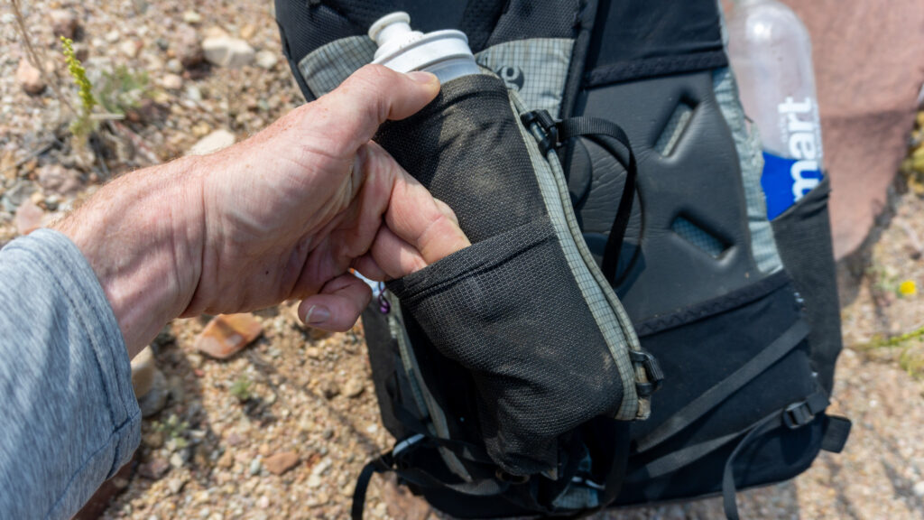 The right front pocket is pretty small and when I have a hard bottle in the right back pocket, really is only good to keep something like wrappers from getting lost