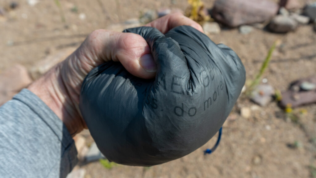 Compressed down, the Solo Tarp is about the size of a softball and weighs just a little more than 200 grams