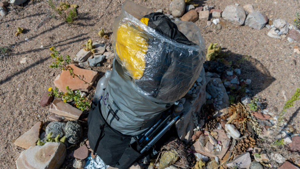 Because the Grit 28's pack material lacks waterproofness, invest in a super lightweight pack liner, and ditch the sleeping bag compression sack to save weight. 