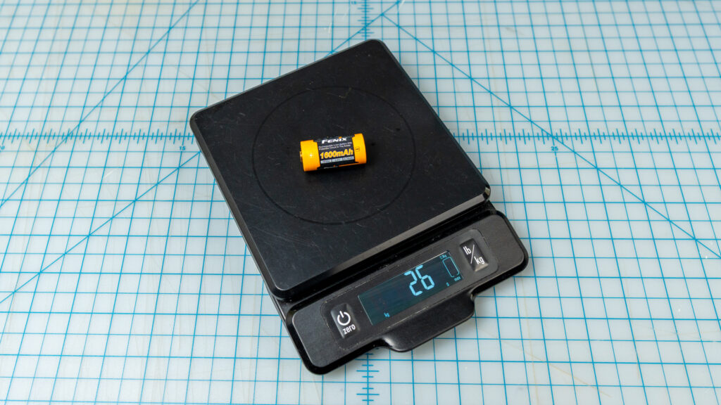 The 18350 battery of the HM55R weighs 26 grams